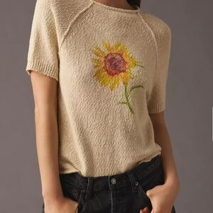 Pilcro Beige Knit Sweater with Sunflower Design